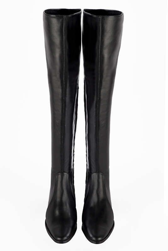 Satin black women's stretch thigh-high boots. Round toe. Low leather soles. Made to measure. Top view - Florence KOOIJMAN